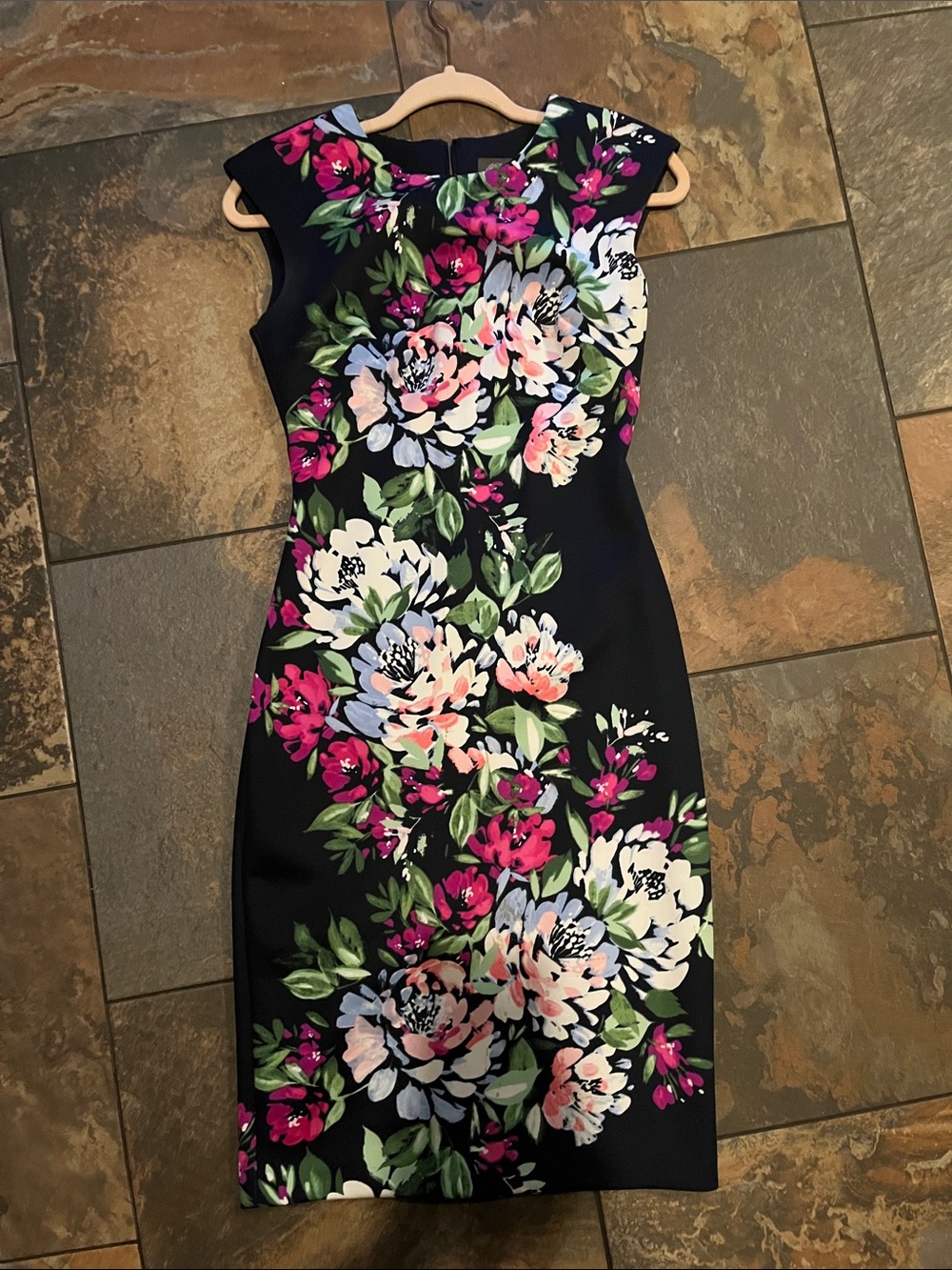 Vince Camuto Navy Blue Sheath Dress with Pink, White & Green Floral Print